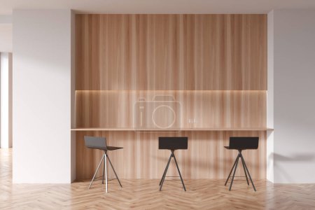 Foto de Interior comedor blanco con terraza de madera y sillas, vista frontal, suelo de madera. Elegante espacio para reuniones con copas de vino. Renderizado 3D - Imagen libre de derechos
