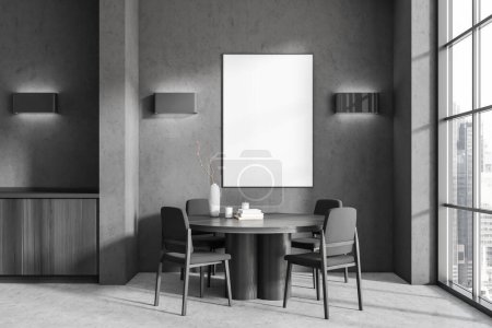 Photo for Dark kitchen interior with chairs and dining table, grey concrete floor. Panoramic window on Singapore city view. Mock up poster on wall, 3D rendering - Royalty Free Image
