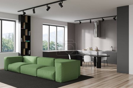 Photo for Light kitchen interior with chill space, sofa and dining table with chairs, side view. Open space studio in hotel apartment, panoramic window on countryside. 3D rendering - Royalty Free Image