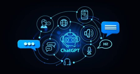 Foto de ChatGPT y holograma de inteligencia artificial con iconos y mensajes de redes sociales. Chat digital desarrollado por OpenAI. Aprendizaje automático y tecnología moderna. Renderizado 3D - Imagen libre de derechos