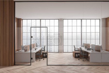 Photo for Interior of modern office lobby with white, wooden and glass walls, wooden floor and rows of computer tables. Big windows with blurry cityscape. 3d rendering - Royalty Free Image