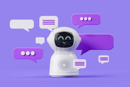 Niedlich lächelnde weiße künstliche Intelligenz Bot steht über lila Hintergrund mit Sprechblasen. Konzept der KI und des maschinellen Lernens. 3D-Darstellung