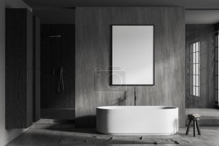 Téléchargez les photos : Dark hôtel salle de bain intérieure avec douche et baignoire avec serviette sur tabouret, tapis sur sol en béton gris. Affiche en toile maquillée. rendu 3D - en image libre de droit