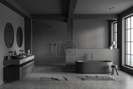 Téléchargez les photos : Intérieur de la salle de bain élégante avec des murs gris et en bois, sol en béton, baignoire grise confortable, deux lavabos ronds avec miroirs et douche à l'italienne. Rendu 3d - en image libre de droit