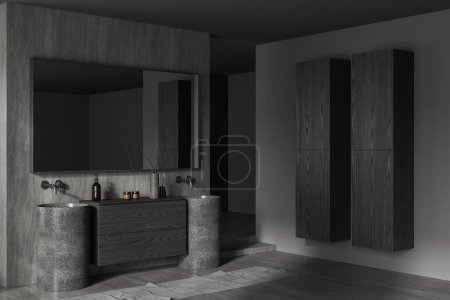 Photo for Corner of stylish bathroom with gray and concrete walls, concrete floor, stone double sink with big mirror and dark wooden closets. 3d rendering - Royalty Free Image