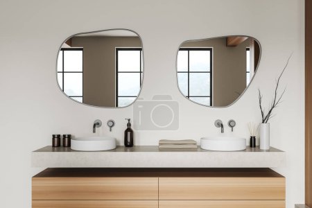 Stylish bathroom interior with double sink and two mirrors, wooden dresser and bathing accessories with minimalist decoration, towel, reed diffuser and vase. 3D rendering