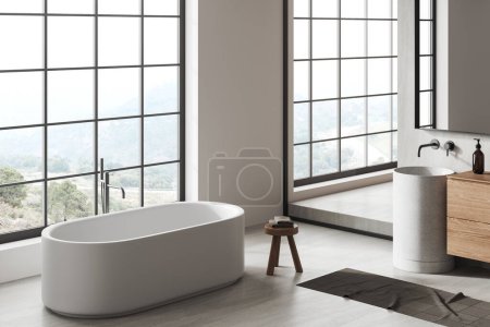 Téléchargez les photos : Maison moderne salle de bain intérieure avec lavabo et baignoire, vue latérale fenêtre panoramique sur la campagne. Coin de bain avec mobilier moderne et accessoires minimalistes. rendu 3D - en image libre de droit