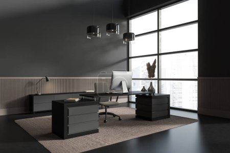 Photo for Dark CEO business interior with pc computer on desk, side view carpet on grey concrete floor. Work corner with sideboard, panoramic window on city view. 3D rendering - Royalty Free Image