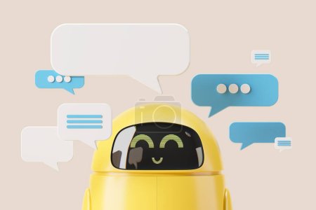 3D-Darstellung. Lächelnder Chatbot und Attrappen leerer Blasen, SMS mit Antworten. Künstliche Intelligenz hilft dem Menschen, Ideen zu generieren und zu schaffen. Konzept der KI und Kommunikationsillustration