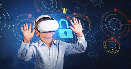 Photo for Boy in vr glasses hands touching digital cybersecurity virtual screen, hud hologram with lock icon and abstract lines connection. Concept of internet safety for kids and parental control - Royalty Free Image