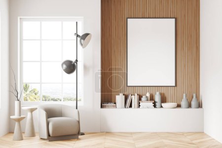 Photo for White and wooden living room interior with armchair, shelf and art decoration with panoramic window. Lounge zone and mock up canvas poster. 3D rendering - Royalty Free Image