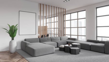 Photo for Cozy home living room interior with sofa, side view meeting zone behind partition. Panoramic window on skyscrapers. Mock up canvas poster. 3D rendering - Royalty Free Image