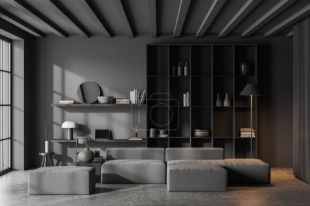 Photo for Interior of stylish home office and living room with gray walls, concrete floor, computer table, dark wooden cupboard and cozy gray couch. 3d rendering - Royalty Free Image