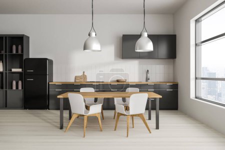 Foto de Blanco moderno interior de la cocina del hogar con mesa, zona de cocina con estantes y nevera, utensilios de cocina. Ventana panorámica de los rascacielos de París. Renderizado 3D - Imagen libre de derechos