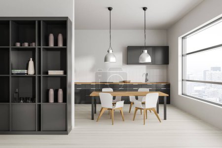 Photo for Minimalist home kitchen interior with dinner table, cooking space with shelves and kitchenware. Art decoration and partition. Panoramic window on Paris city view. 3D rendering - Royalty Free Image