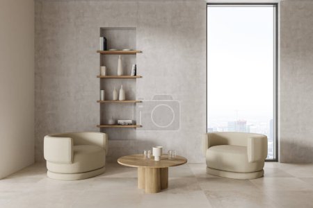 Photo for Beige relaxing interior with two armchairs and coffee table with shelf. Relaxing space with decoration, cozy living room in apartment with panoramic window on skyscrapers. 3D rendering - Royalty Free Image