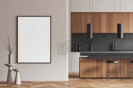 Photo for Beige home kitchen interior with bar island and stool on hardwood floor. Cooking area with kitchenware and wooden shelves. Mock up canvas poster on partition. 3D rendering - Royalty Free Image