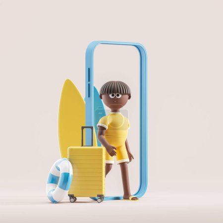 Foto de Renderizado 3d. Negro personaje de dibujos animados hombre con la maleta, caminando a cabo gran teléfono inteligente. Accesorios de playa, reservas en línea y entradas. Concepto de viaje e ilustración de vacaciones - Imagen libre de derechos