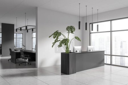 Gray and dark wooden reception desk standing in stylish office with white walls, tiled floor, open space area and windows with blurry cityscape. 3d rendering