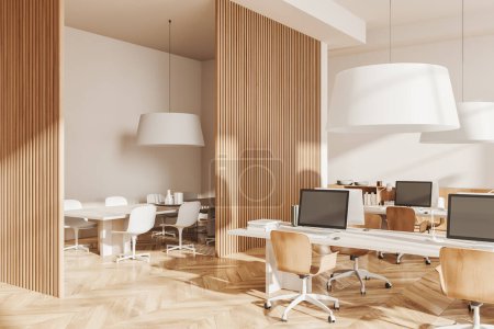 Foto de Interior de oficina beige moderno con coworking y esquina de reunión detrás de la partición, vista lateral. Acogedor lugar de trabajo con escritorio y ordenador PC, piso de madera. Renderizado 3D - Imagen libre de derechos