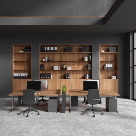 Interior de oficina oscuro con sillones y ordenador PC en el escritorio, estante con documentos y decoración minimalista. Espacio de coworking con muebles modernos y ventana. Renderizado 3D