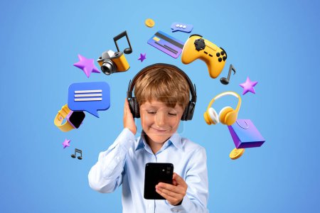 Photo for Smiling child with phone and headphones playing video games, streaming music and photos. Concept of entertainment, online shopping and communication - Royalty Free Image