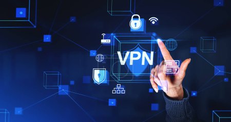 Photo for Hand of woman using immersive blurry VPN interface over dark blue background. Concept of encryption and secure browsing - Royalty Free Image