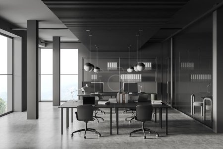 Dark office interior with coworking area and conference room behind glass doors. Workplace corner with desk and pc computer, grey concrete floor. 3D rendering
