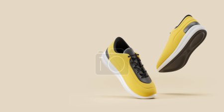 Photo for Bright and stylish yellow and black sport shoes with black shoelaces over beige background. Concept of sport and active lifestyle. 3d rendering, mock up - Royalty Free Image