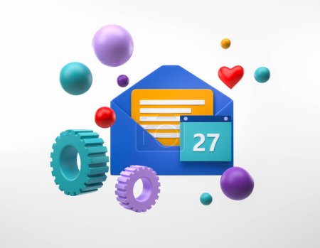 Blauer Umschlag mit Brief und Kalender auf grauem Hintergrund, Zahnräder und bunte Blasen. Konzept der Optimierung und des Zeitplans. 3D-Rendering
