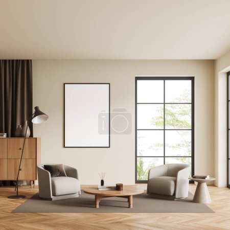 Photo for Beige living room interior two armchairs and coffee table on carpet, drawer with decoration, hardwood floor. Panoramic window on tropics. Mock up blank poster. 3D rendering - Royalty Free Image