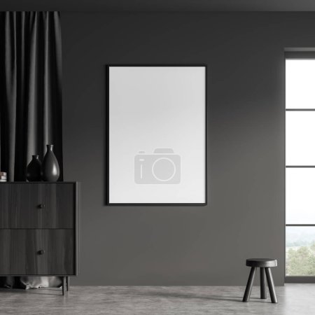 Photo for Dark living room interior with black wooden dresser with decoration in relax corner, stool on grey concrete floor. Panoramic window on countryside. Mock up poster, 3D rendering - Royalty Free Image