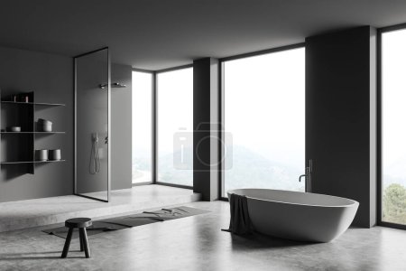 Téléchargez les photos : Intérieur salle de bain sombre avec douche, baignoire au sol en béton gris, étagère avec décoration. Salle de bain d'hôtel, vue latérale, fenêtre panoramique sur la campagne. rendu 3D - en image libre de droit