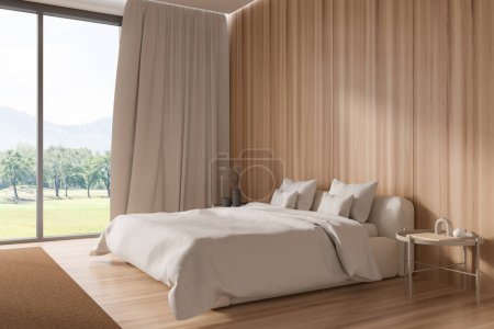 Photo for Light bedroom interior bed and nightstand with decoration, side view, carpet on hardwood floor. Panoramic window on countryside. Copy space empty wall. 3D rendering - Royalty Free Image