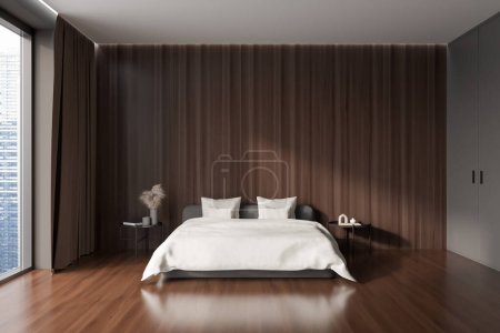 Foto de Dormitorio oscuro cama interior y mesita de noche con decoración, vista frontal, suelo de madera. Ventana panorámica de la ciudad de Singapur. Copiar espacio pared vacía. Renderizado 3D - Imagen libre de derechos