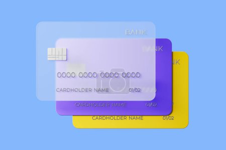 Téléchargez les photos : Trois coloré carte de crédit bancaire pour le paiement et l'achat, fond bleu clair. Concept de commerce électronique et de finance. rendu 3D - en image libre de droit