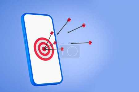 Photo for Phone blank display and arrows hit the center of a dartboard on blue background. Concept of financial goal and success. Target and achievement. 3D rendering - Royalty Free Image