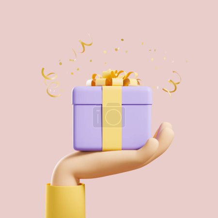Téléchargez les photos : Main de dessin animé blanc avec une boîte cadeau enveloppée d'un ruban doré sur fond beige. Concept de vacances et de surprise. rendu 3D - en image libre de droit