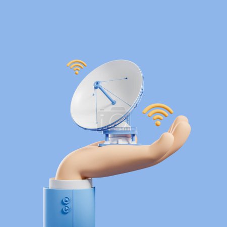 Téléchargez les photos : Dessin animé main tenue antenne satellite, antenne parabolique avec icône wifi sur fond bleu. Concept de connexion web sans fil. rendu 3D - en image libre de droit