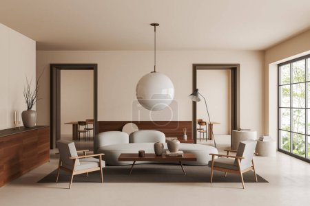 Foto de Interior de la sala de estar beige con sillones y sofá con mesa de centro en suelo de hormigón beige. Estante con decoración, zona de reuniones y ventana panorámica. Cartel burlón. Renderizado 3D - Imagen libre de derechos