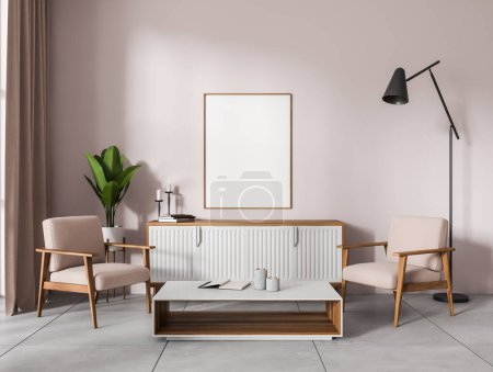 Photo for Light living room interior two armchairs and coffee table with decoration, plant with sideboard on tile floor. Relax place and mock up blank poster. 3D rendering - Royalty Free Image