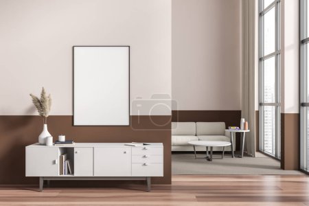 Photo for Beige living room interior sofa and coffee table with decoration, sideboard on hardwood floor before entrance. Panoramic window on Singapore city view. Mock up blank poster. 3D rendering - Royalty Free Image
