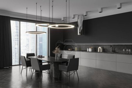 Photo for Dark kitchen interior with armchairs and dining table, side view, dark hardwood floor. Modern dining area and panoramic window on Singapore city view. 3D rendering - Royalty Free Image