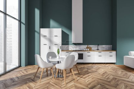 Photo for Blue kitchen interior with dining table and chairs on hardwood floor. Kitchenware and hood with sink and appliances. Panoramic window on Singapore city view. 3D rendering - Royalty Free Image