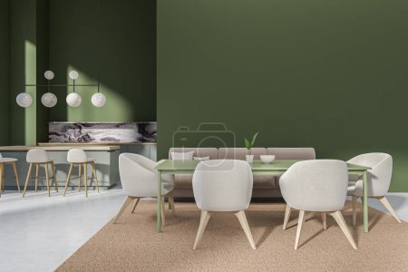 Foto de Interior de la cocina verde con sofá y mesa de comedor con sillas, espacio de cocina con terraza y bar isla con asientos, suelo de hormigón ligero. Mockup pared vacía. Renderizado 3D - Imagen libre de derechos