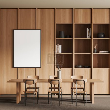 Foto de Salón interior de madera con sillas y mesa de comedor, estante con decoración en rack. Sala de reuniones con muebles modernos en alfombra. Prepara un póster. Renderizado 3D - Imagen libre de derechos