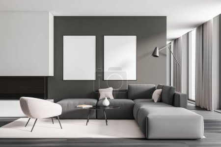 Photo for Dark living room interior with sofa, armchair and fireplace with coffee table and decoration. Panoramic window on city view. Two mock up blank posters. 3D rendering - Royalty Free Image