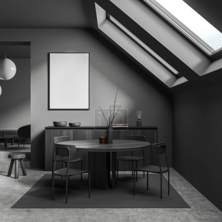 Photo for Dark attic living room interior with chairs and dining table, drawer with decoration on grey concrete floor. Panoramic window on countryside. Mock up blank poster. 3D rendering - Royalty Free Image