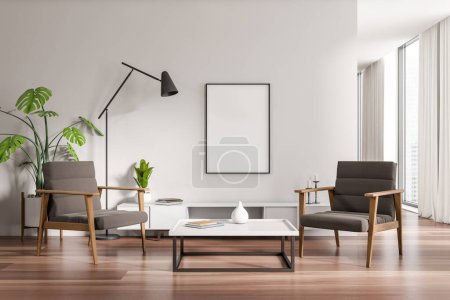 Photo for White living room interior two armchairs and sideboard with decoration, hardwood floor. Panoramic window on city view. Mock up blank poster. 3D rendering - Royalty Free Image