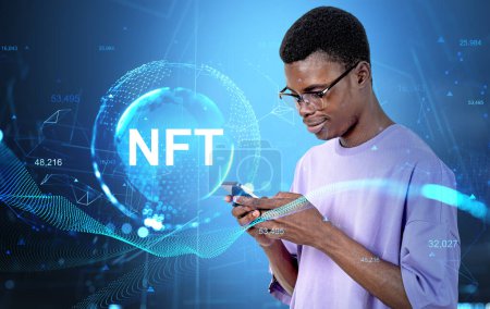 Photo for Black man in eyeglasses typing in phone, smiling. NFT hologram with earth globe, glowing lines and numbers. Concept of cryptoart and metaverse - Royalty Free Image